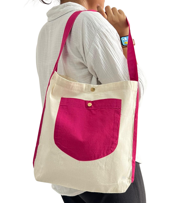 Hot Pink Bold Striped Pocket Canvas Tote Bag