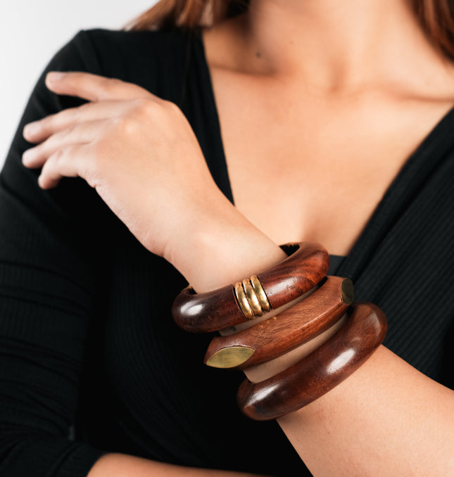 Handcrafted Wooden & Brass Accent Bangles – Set of 3
