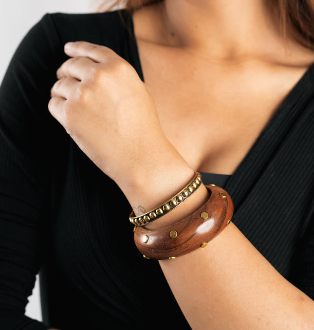 Rustic Charm Wooden & Brass Bangle Set