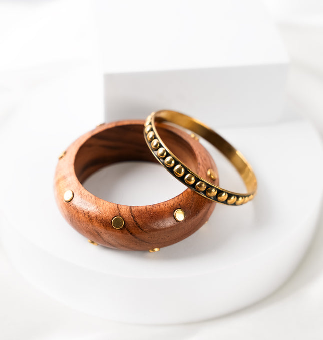Rustic Charm Wooden & Brass Bangle Set