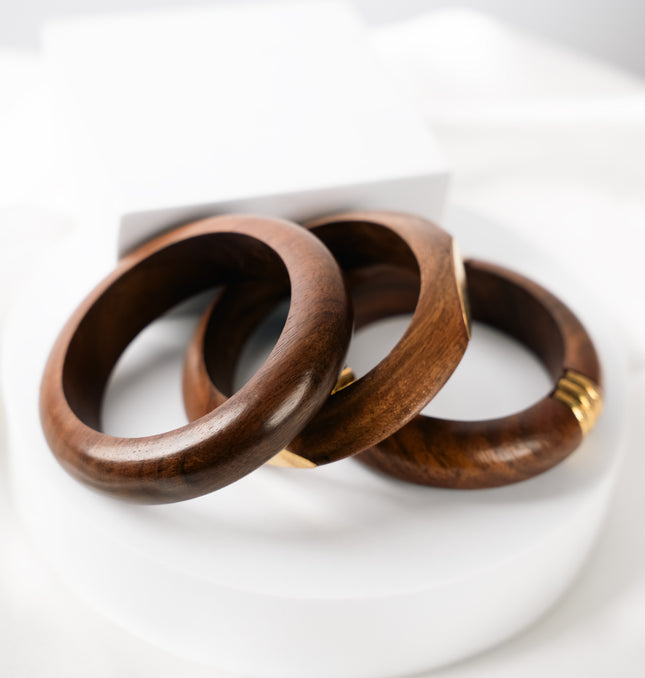 Handcrafted Wooden & Brass Accent Bangles – Set of 3