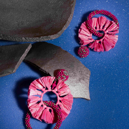Fushia pink Rafia With Beaded Earrings - HASHTACK