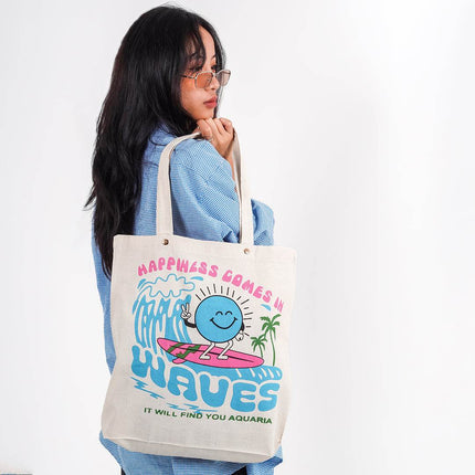 Happiness Comes In Waves Canvas Tote Bag - HASHTACK