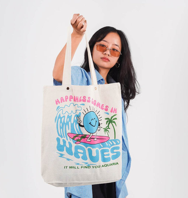 Happiness Comes In Waves Canvas Tote Bag - HASHTACK
