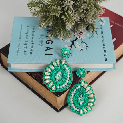 Green Pearl Drop Half Flower Earrings - HASHTACK