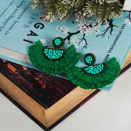 Green Rafia Small Fan Earrings - HASHTACK