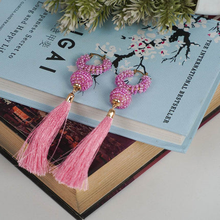 Pink Beaded Hoop Earrings with Tassels - HASHTACK