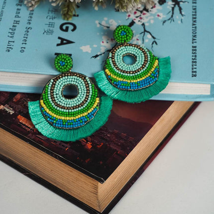 Green Tassel With Beaded Chandbali - HASHTACK