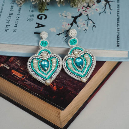 Green Pearl & Stone Heart Drop Earrings - HASHTACK