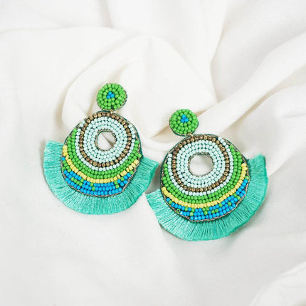 Green Tassel With Beaded Chandbali - HASHTACK