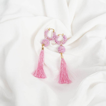 Pink Beaded Hoop Earrings with Tassels - HASHTACK