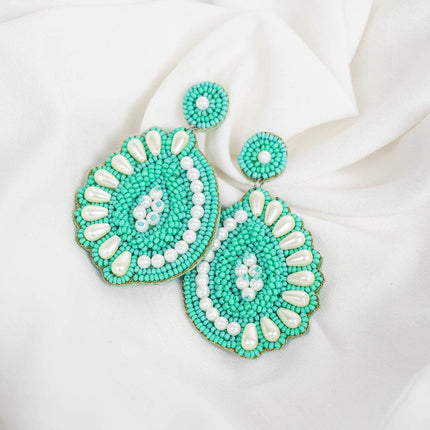 Green Pearl Drop Half Flower Earrings - HASHTACK