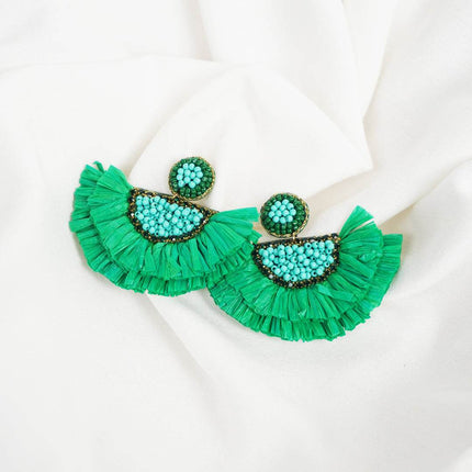 Green Rafia Small Fan Earrings - HASHTACK