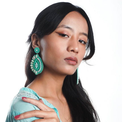 Green Pearl Drop Half Flower Earrings - HASHTACK