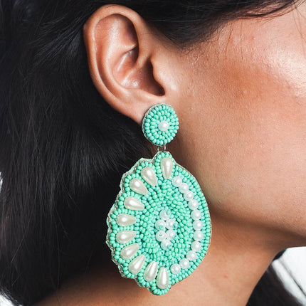 Green Pearl Drop Half Flower Earrings - HASHTACK