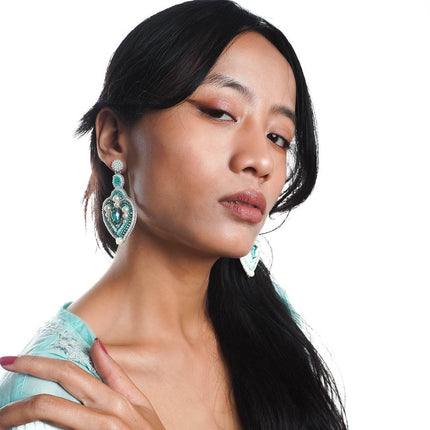 Green Pearl & Stone Heart Drop Earrings - HASHTACK