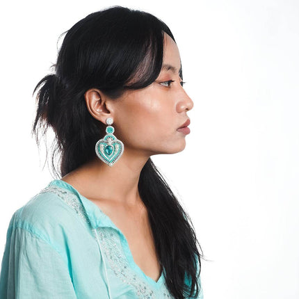 Green Pearl & Stone Heart Drop Earrings - HASHTACK