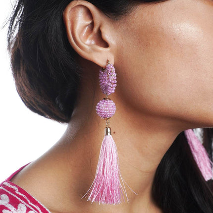Pink Beaded Hoop Earrings with Tassels - HASHTACK