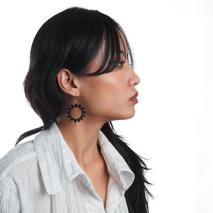 Round Black Beaded Handmade Hoops - HASHTACK