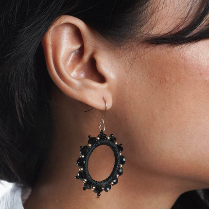Round Black Beaded Handmade Hoops - HASHTACK