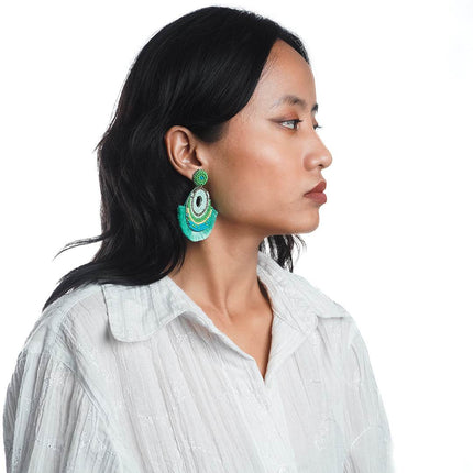 Green Tassel With Beaded Chandbali - HASHTACK