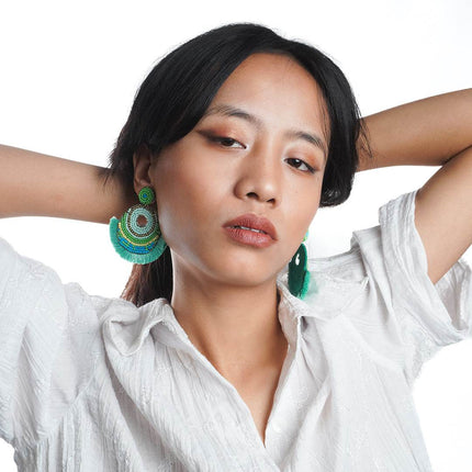 Green Tassel With Beaded Chandbali - HASHTACK