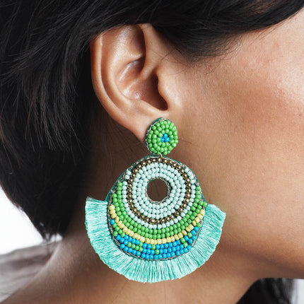 Green Tassel With Beaded Chandbali - HASHTACK