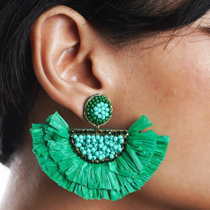 Green Rafia Small Fan Earrings - HASHTACK