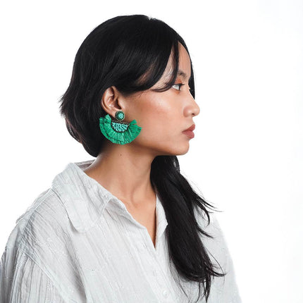 Green Rafia Small Fan Earrings - HASHTACK