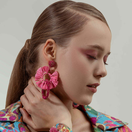 Fushia pink Rafia With Beaded Earrings - HASHTACK