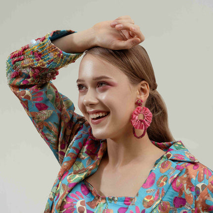 Fushia pink Rafia With Beaded Earrings - HASHTACK