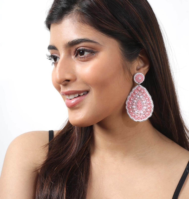 Blush Pink & White Pearl Drop Flower Earrings - HASHTACK