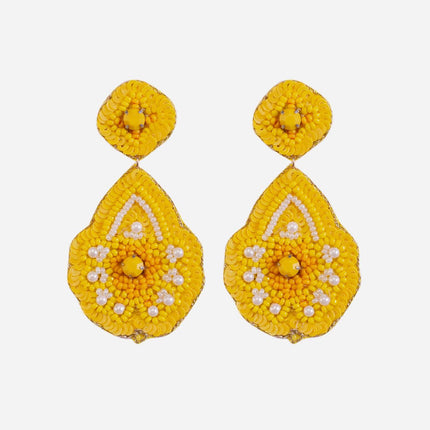 Yellow Beaded Flower Drop Earrings - HASHTACK