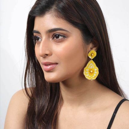 Yellow Beaded Flower Drop Earrings - HASHTACK