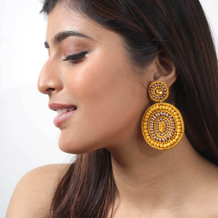 Mustard Round Beaded Earrings - HASHTACK