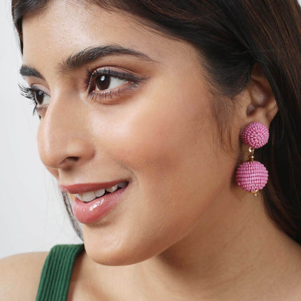 Pink Mini Beaded 2 Ball Earrings - HASHTACK