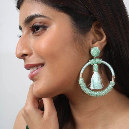 Green Beaded Fringe Hoops - HASHTACK