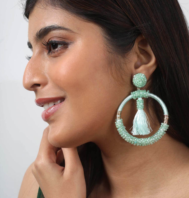Green Beaded Fringe Hoops - HASHTACK