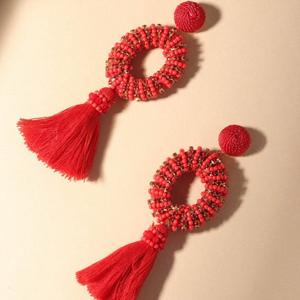 Red Beaded Drop Tassel earrings - HASHTACK