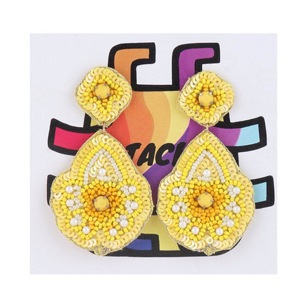 Yellow Beaded Flower Drop Earrings - HASHTACK