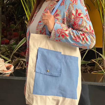 Blue Dual Pocket Canvas Tote Bag - HASHTACK