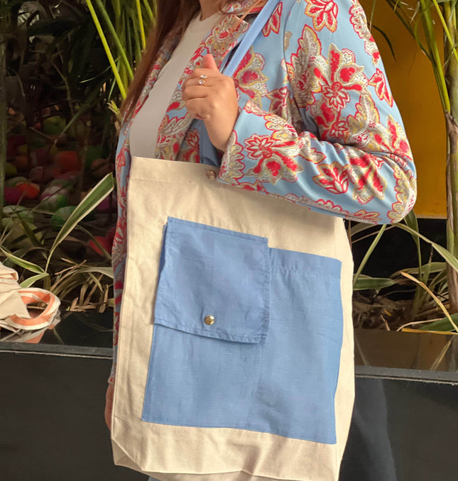 Blue Dual Pocket Canvas Tote Bag - HASHTACK