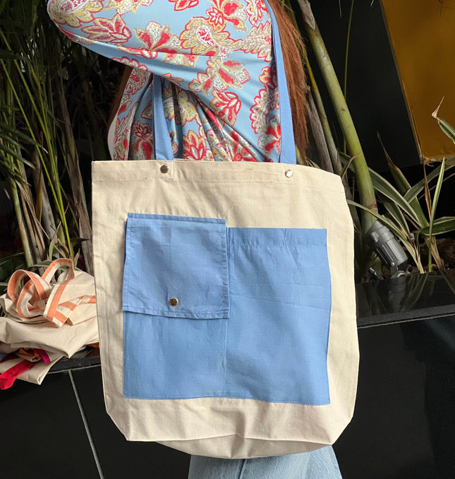 Blue Dual Pocket Canvas Tote Bag - HASHTACK