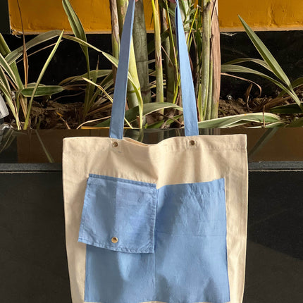 Blue Dual Pocket Canvas Tote Bag - HASHTACK