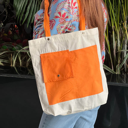 Orange Dual Pocket Canvas Tote Bag - HASHTACK