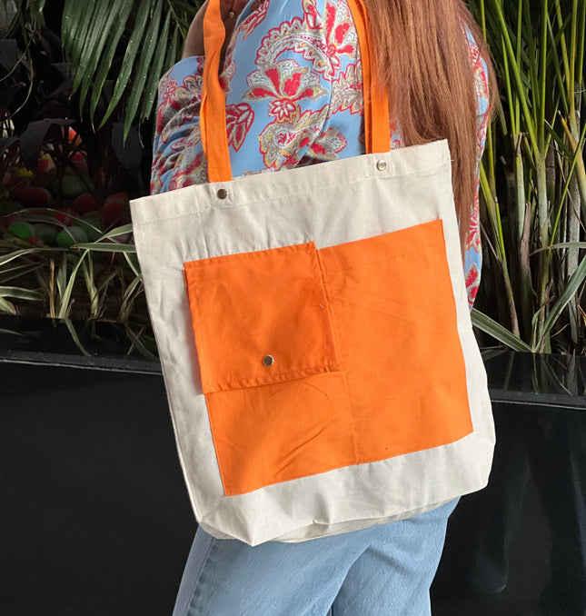 Orange Dual Pocket Canvas Tote Bag - HASHTACK