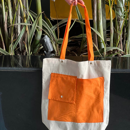 Orange Dual Pocket Canvas Tote Bag - HASHTACK