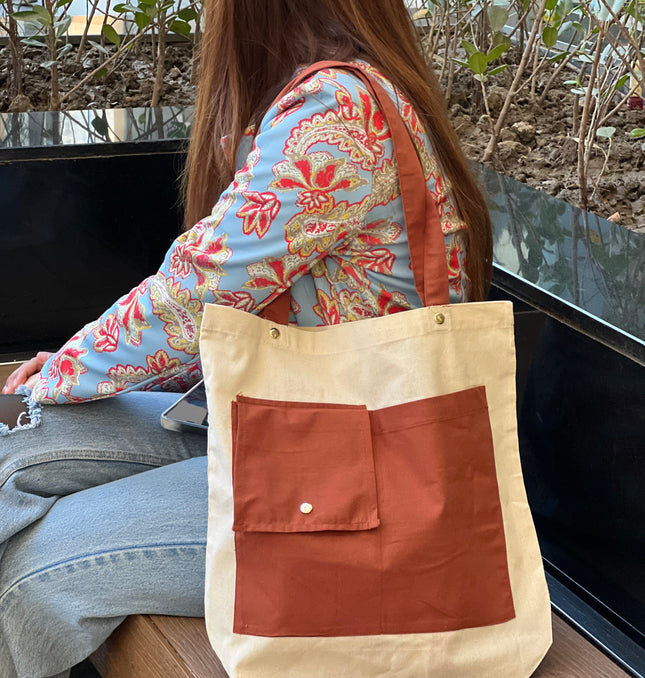 Brown Dual Pocket Canvas Tote Bag