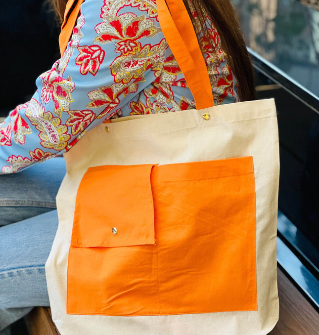 Orange Dual Pocket Canvas Tote Bag - HASHTACK