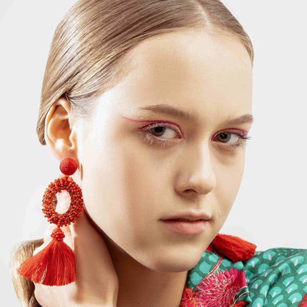 Red Beaded Drop Tassel earrings - HASHTACK